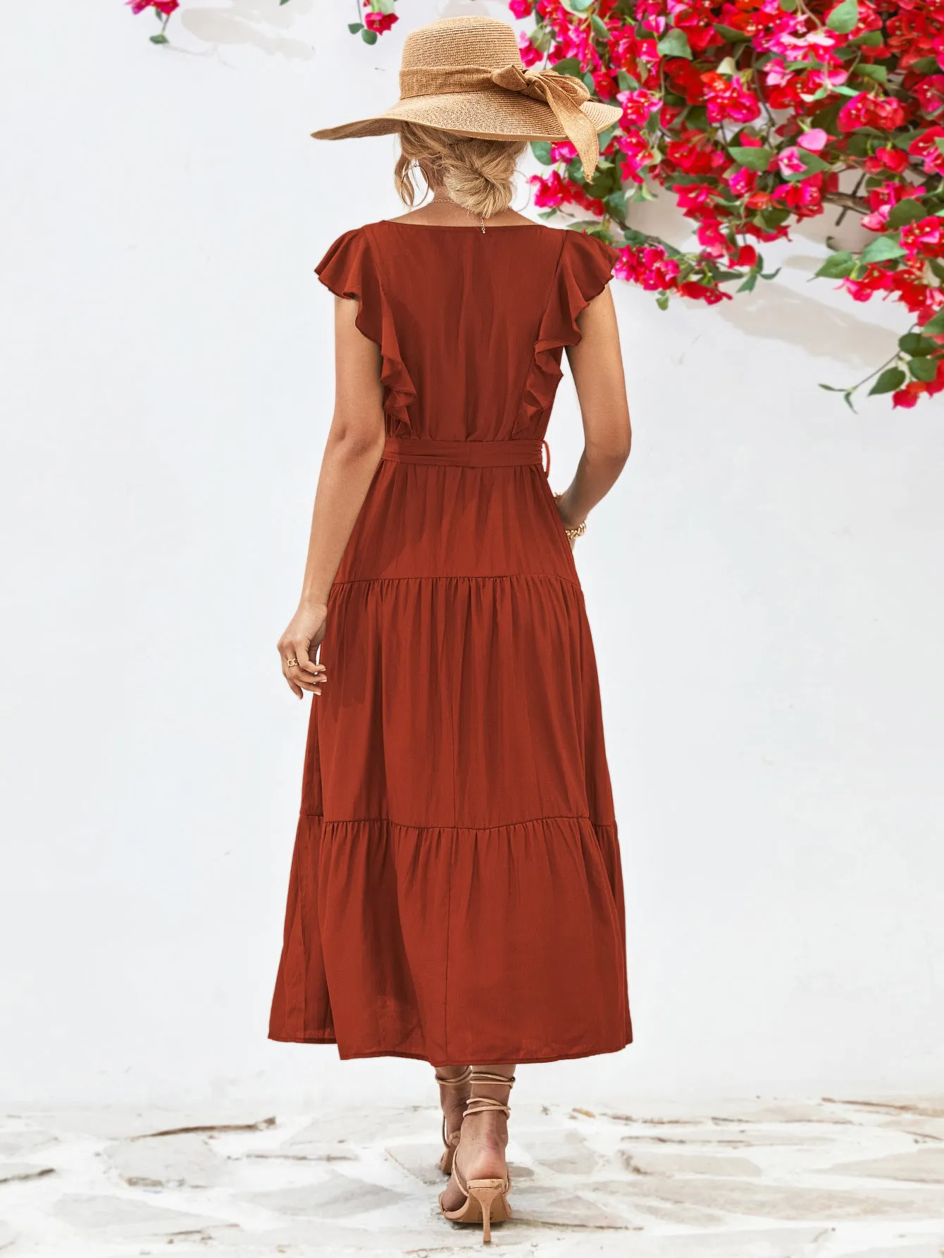 Square Neck Ruffled Solid Color Simple Dress Wholesale Dresses