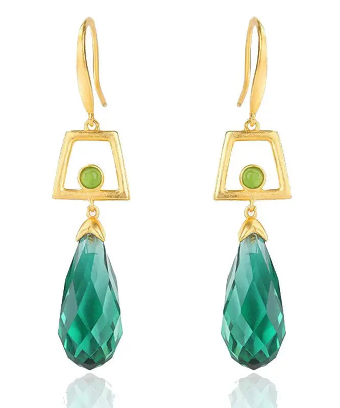 Sterling Silver Overgild Inlaid Crystal Jade Drop Earrings