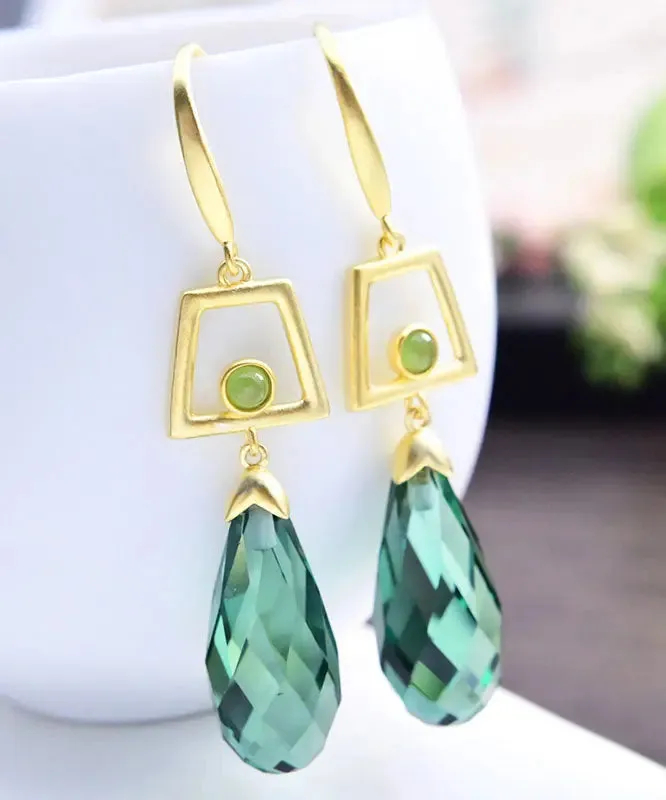 Sterling Silver Overgild Inlaid Crystal Jade Drop Earrings