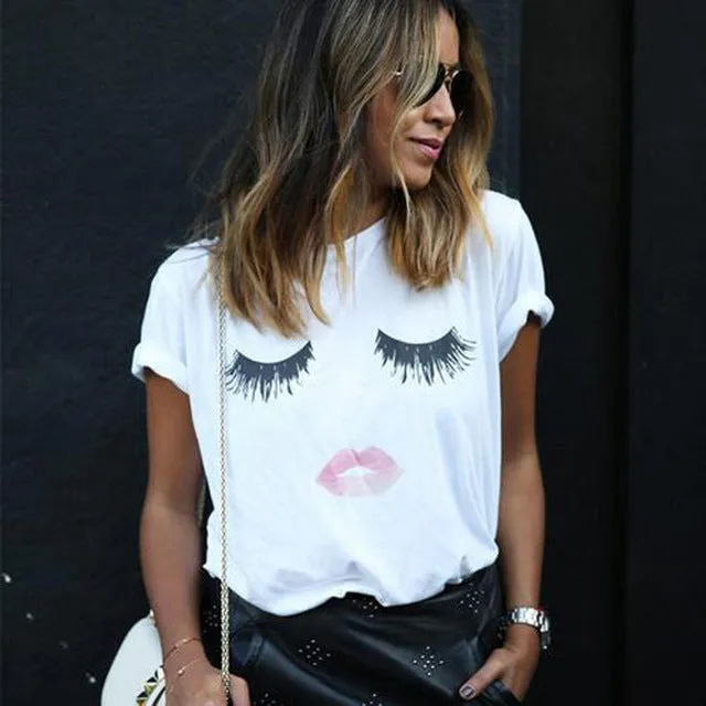 T shirt top round neck short sleeve lashes lips printed tees t-shirt punk