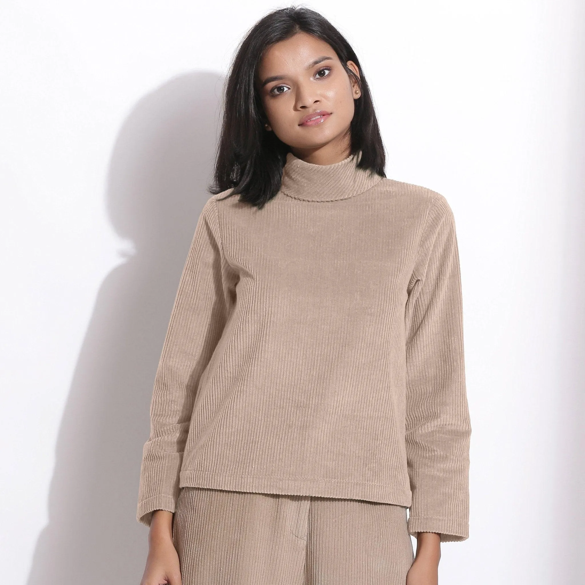 Taupe Beige Warm Cotton Corduroy Turtleneck Top