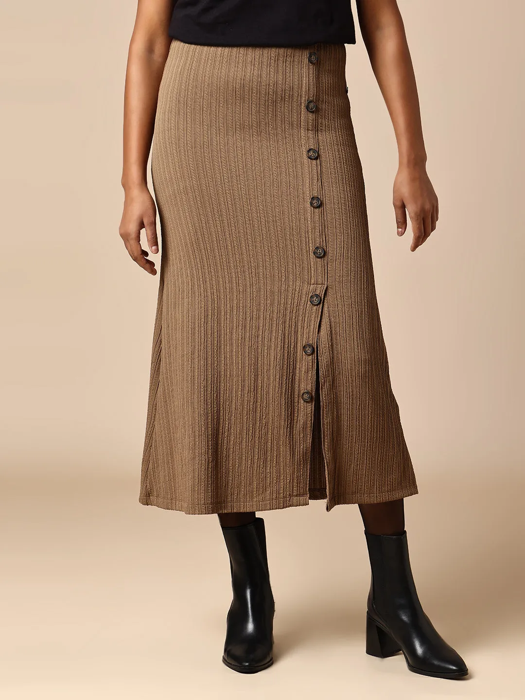 TEXTURED KNIT FAUX BUTTON DOWN FRONT SLIT SKIRT