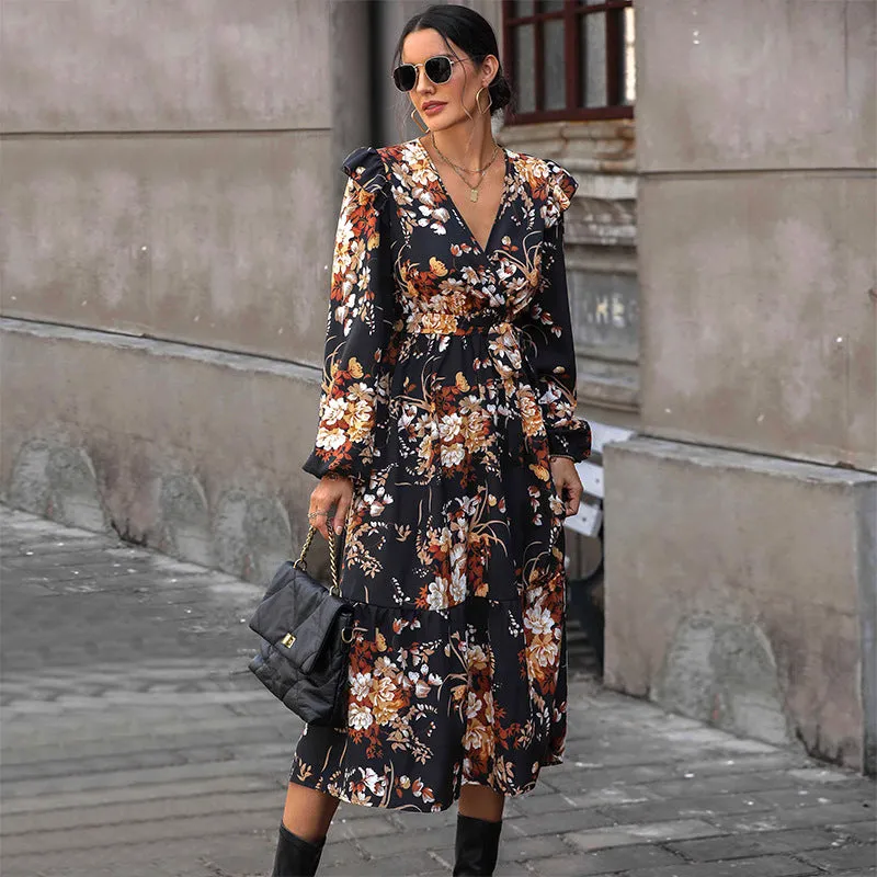 V-Neck Floral Print Long Sleeve Mid-Length Dresses Wholesale Womens Clothing N3824091200041