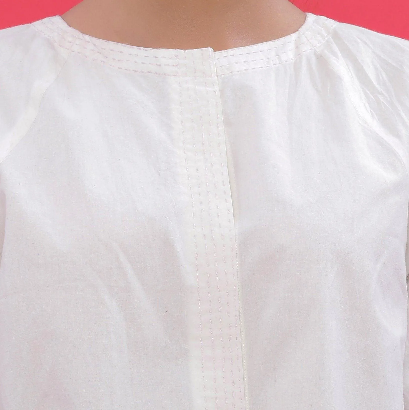 White Embroidered Cotton Raglan Sleeves Button-Down Top