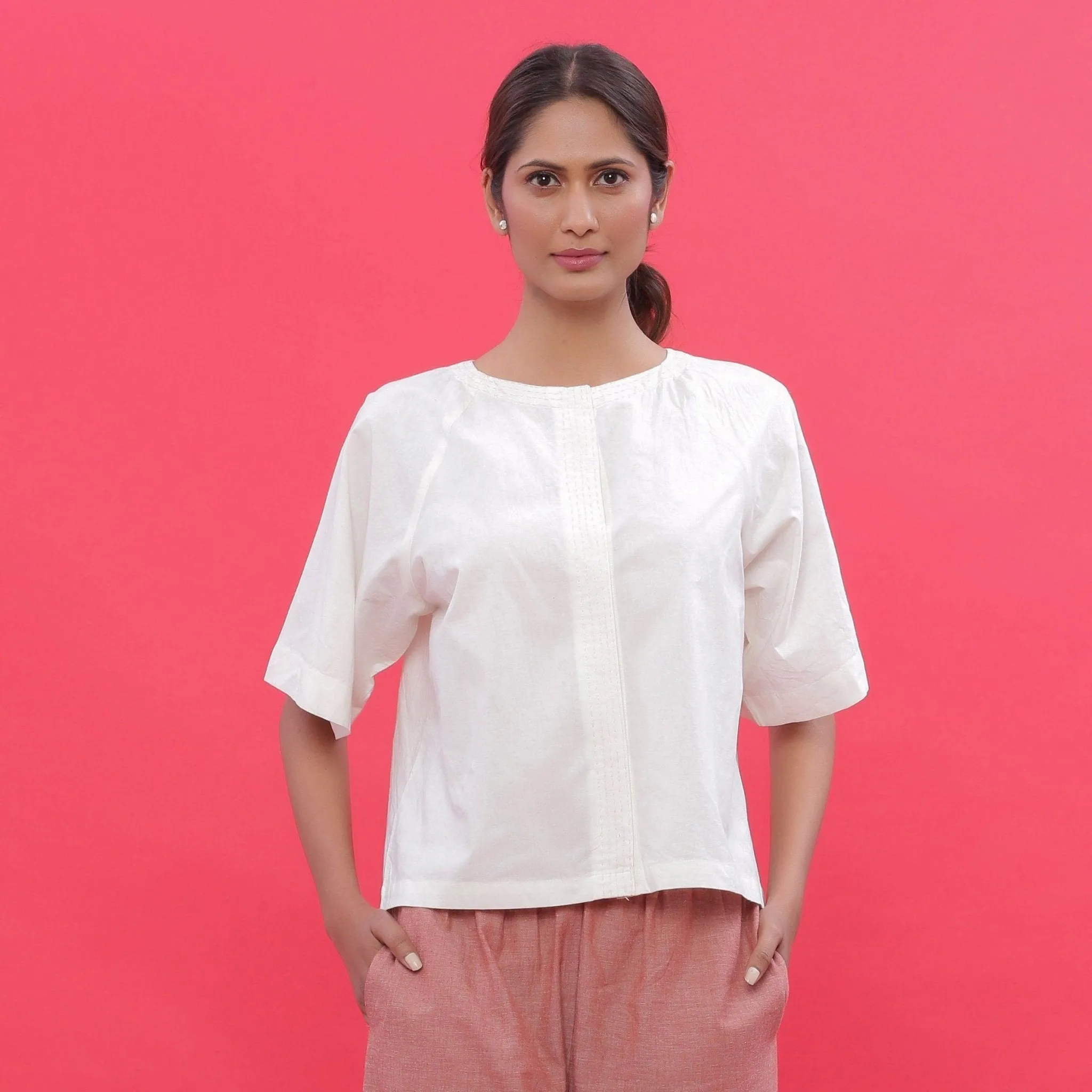 White Embroidered Cotton Raglan Sleeves Button-Down Top