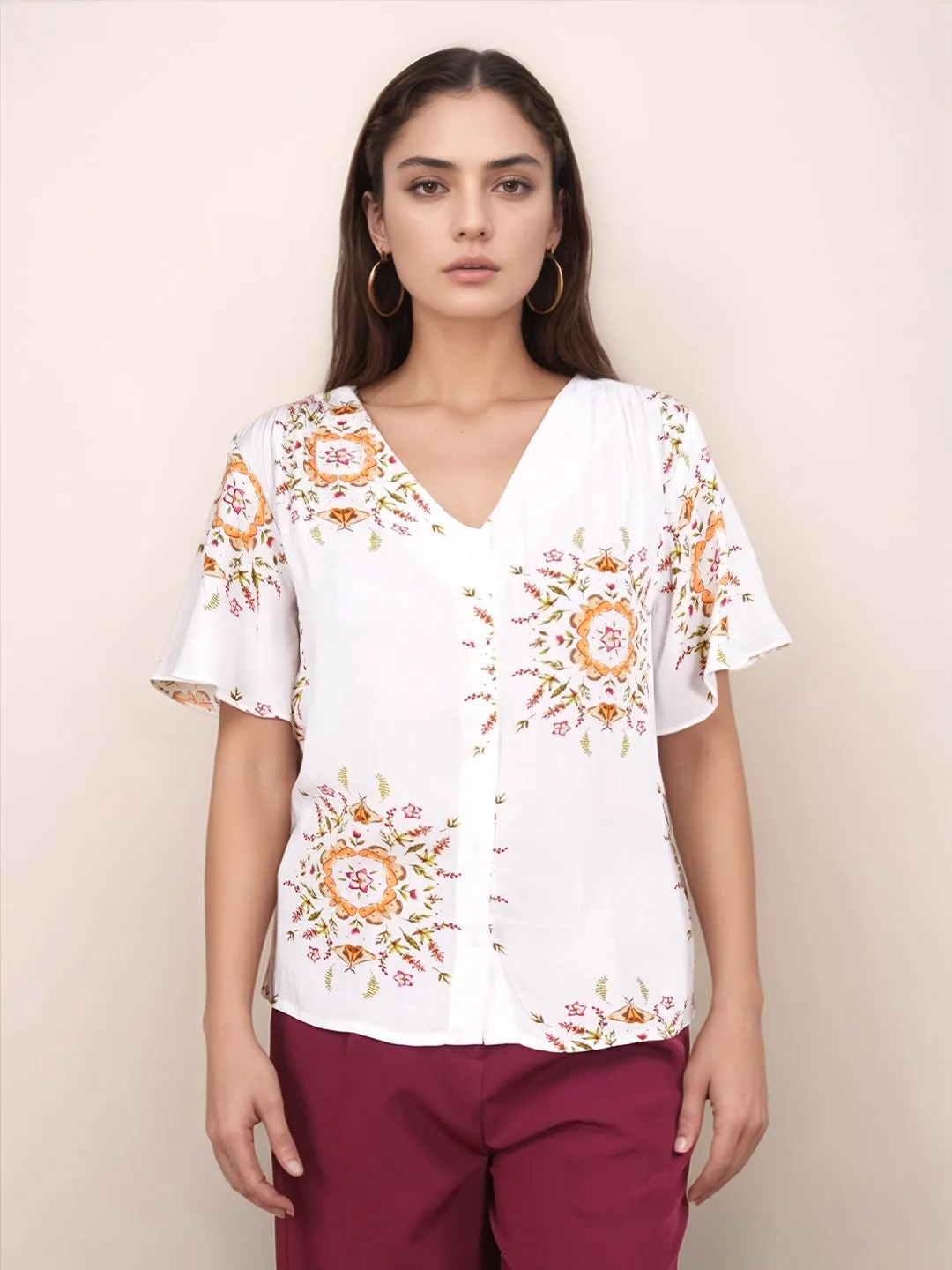 White Floral Prints Relaxed Fit Top