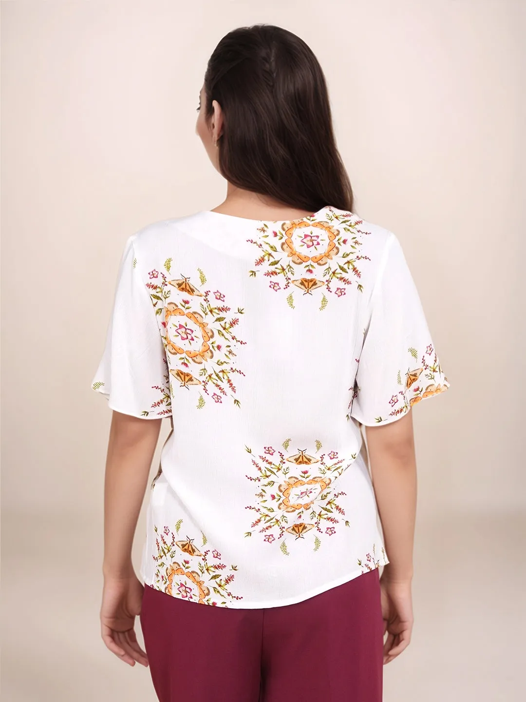 White Floral Prints Relaxed Fit Top