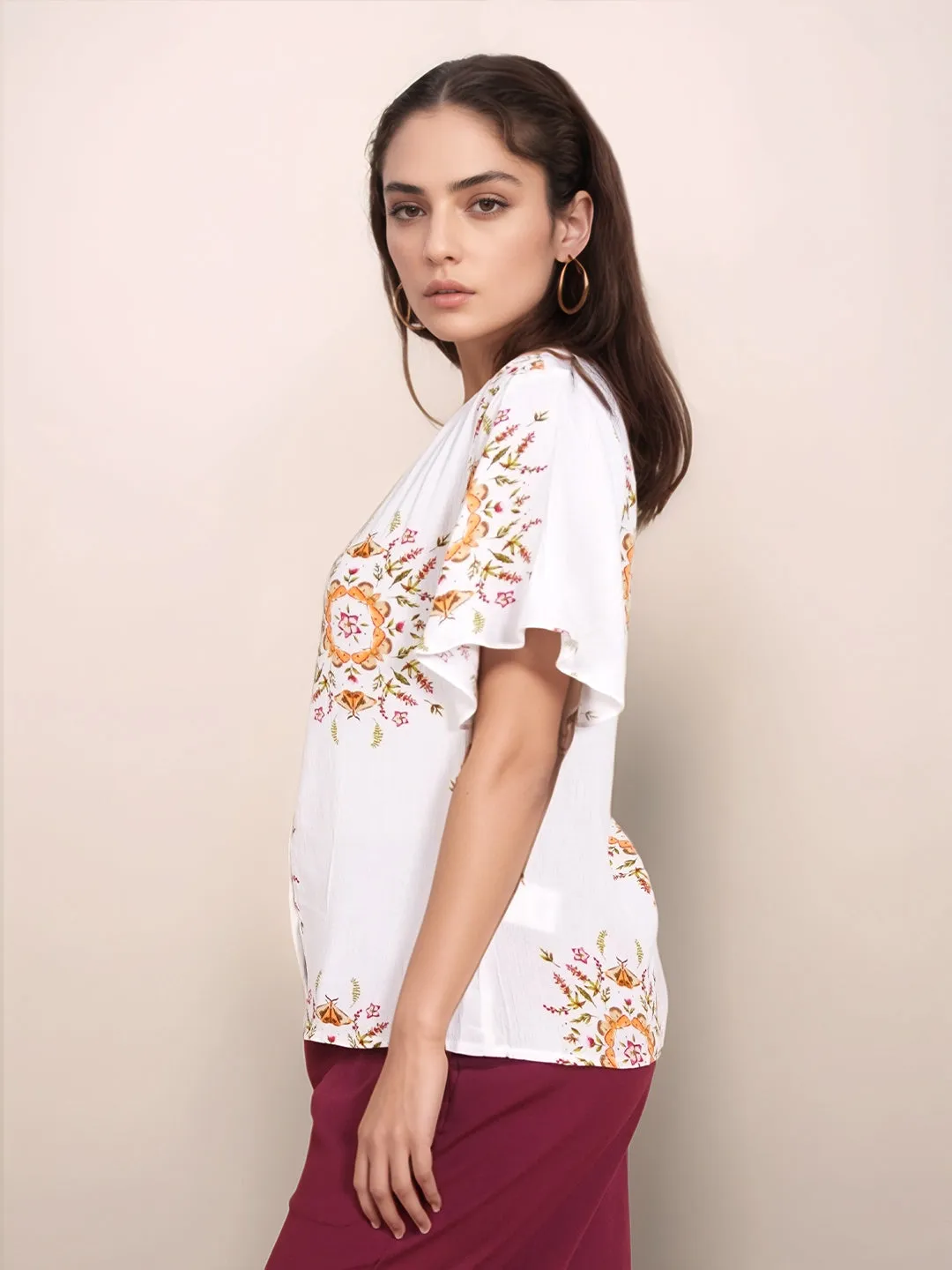 White Floral Prints Relaxed Fit Top