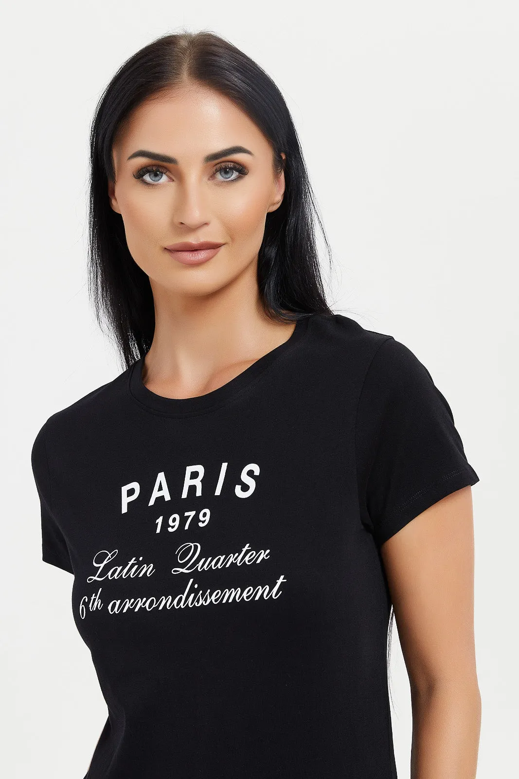 Women Black Paris Printed T-Shirt