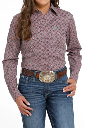 Women's Cinch MSW9164206 Pink Multi Print Plain Weave Button Long Sleeve Shirt CLOSEOUT