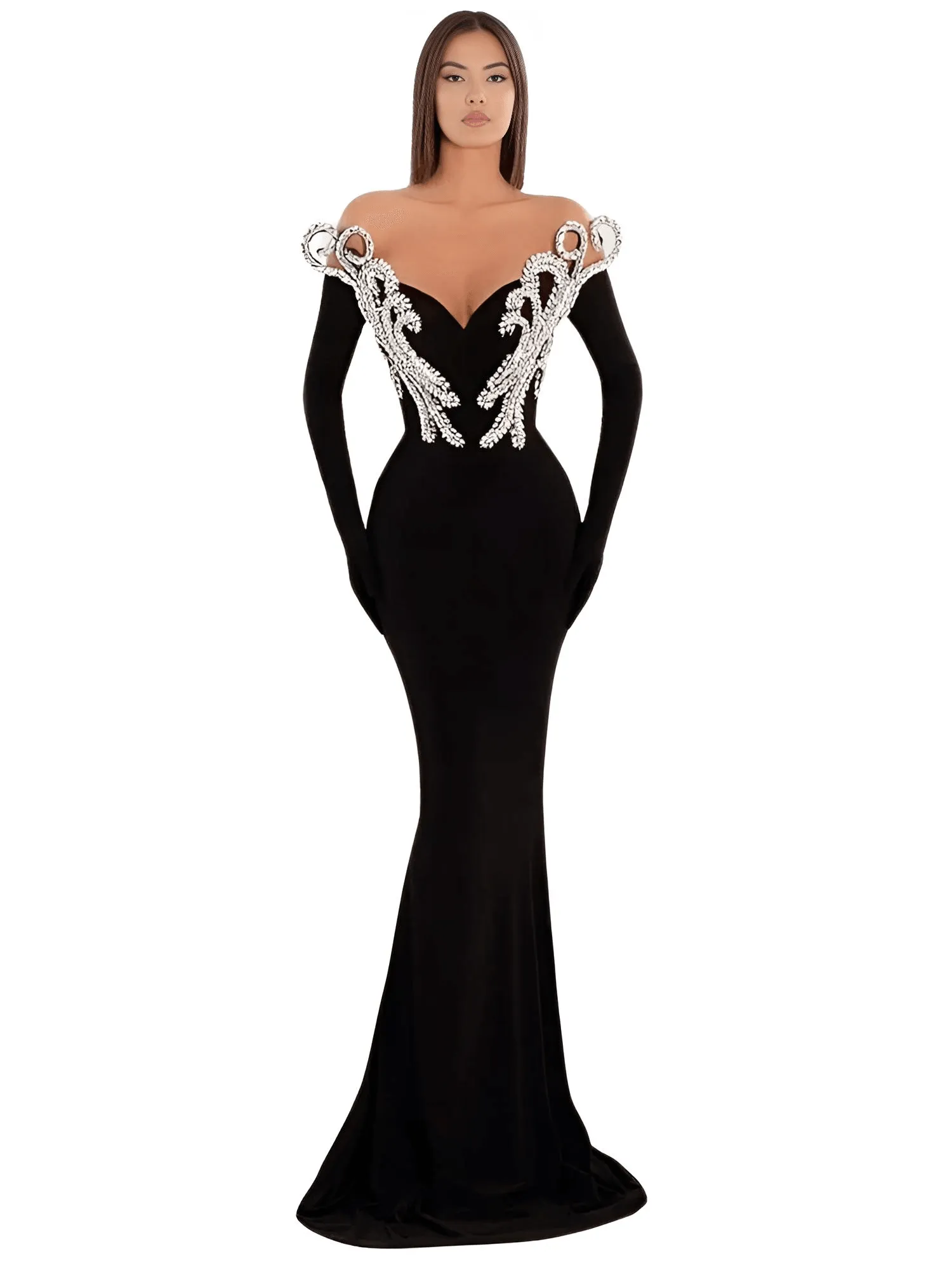 Women's Elegant Party Dresses V Neck Crystal Design Black Velvet Maxi Long Luxury Gowns With Gloves Female Clothing