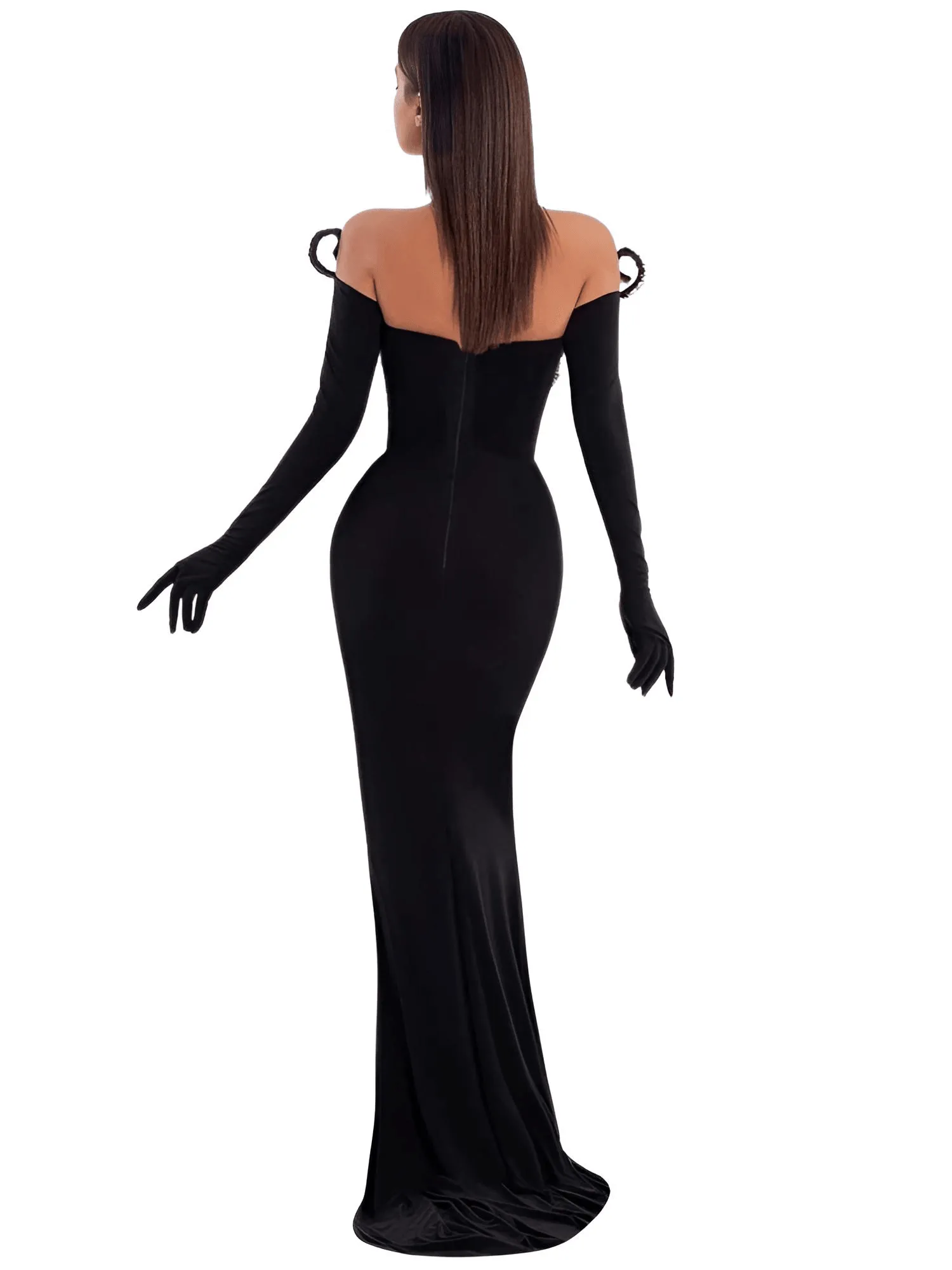 Women's Elegant Party Dresses V Neck Crystal Design Black Velvet Maxi Long Luxury Gowns With Gloves Female Clothing