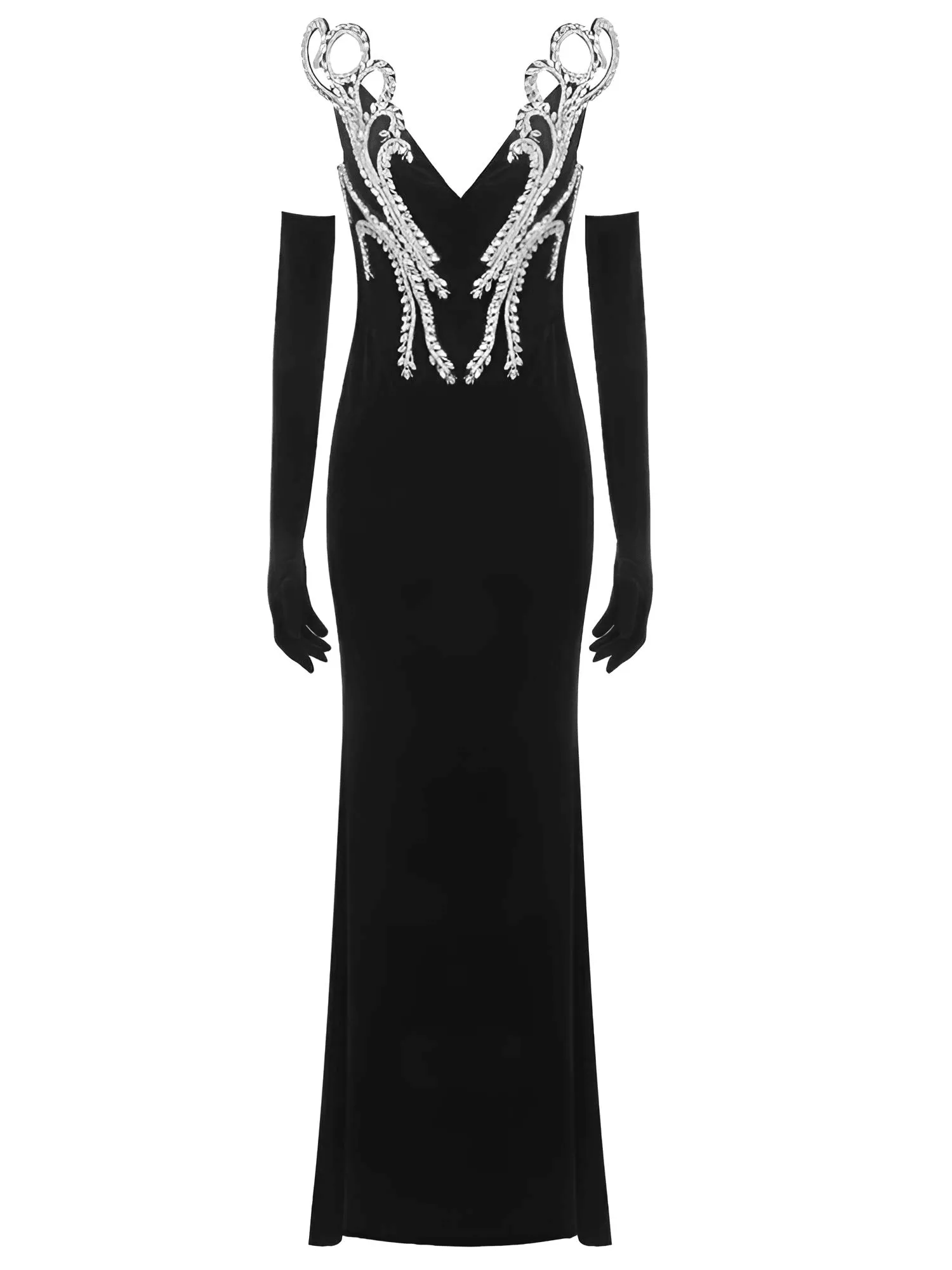 Women's Elegant Party Dresses V Neck Crystal Design Black Velvet Maxi Long Luxury Gowns With Gloves Female Clothing