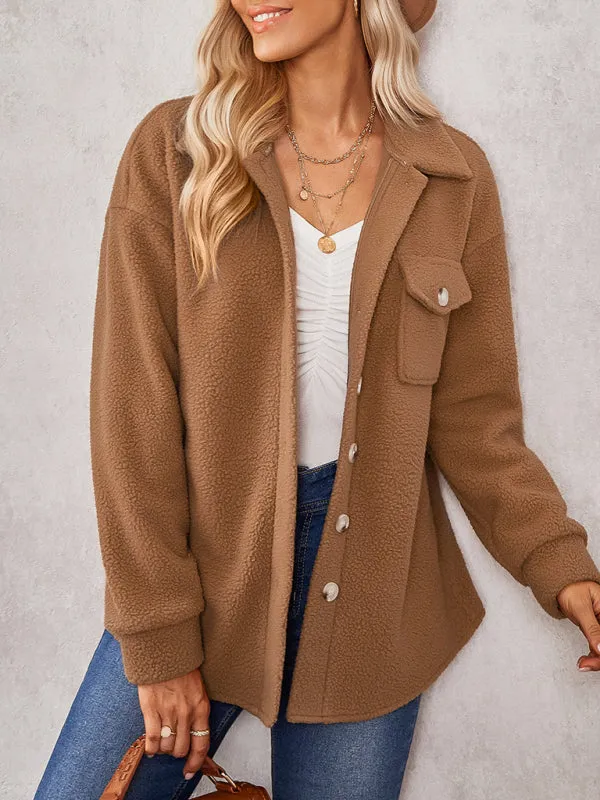 Women's solid color fashion Lapel Plush loose coat