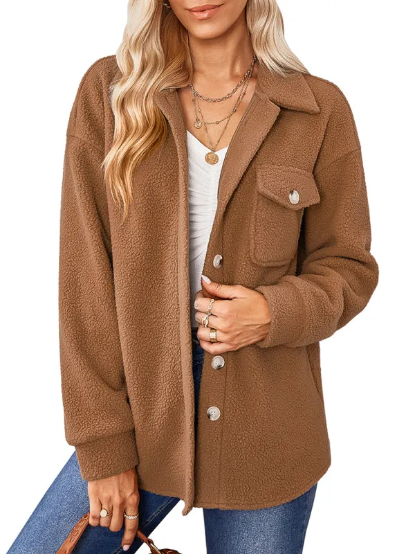 Women's solid color fashion Lapel Plush loose coat