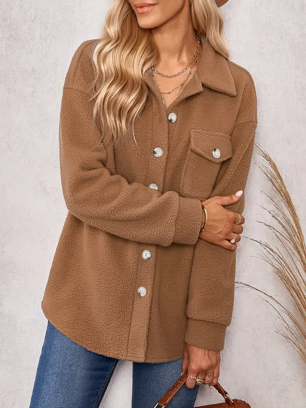 Women's solid color fashion Lapel Plush loose coat